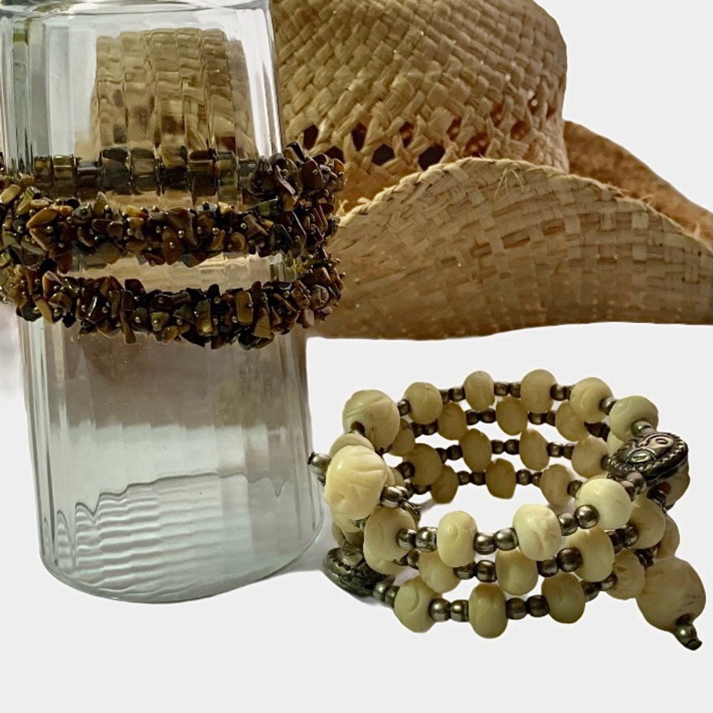 Beaded wire wrapped bracelets brown and cream